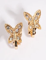 Gold Diamante Butterfly Clip-On Earrings