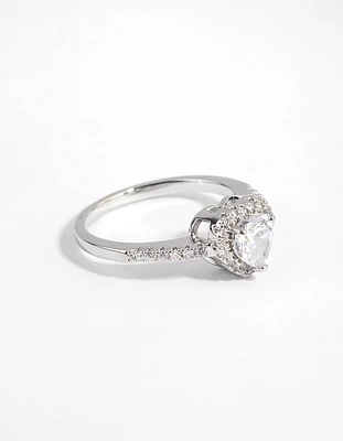 Rhodium Diamond Simulant Heart Halo Ring