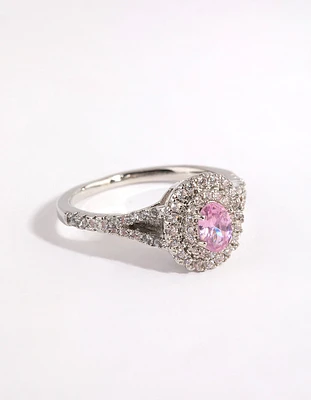 Rhodium Pink Diamond Simulant Oval Halo Ring