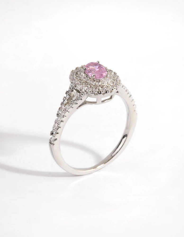 Rhodium Pink Diamond Simulant Oval Halo Ring