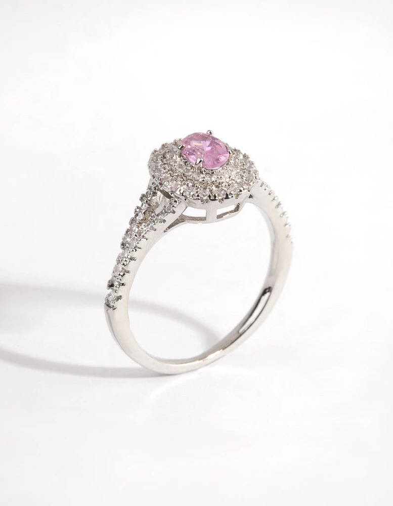 Silver Pink Diamond Simulant Oval Halo Ring