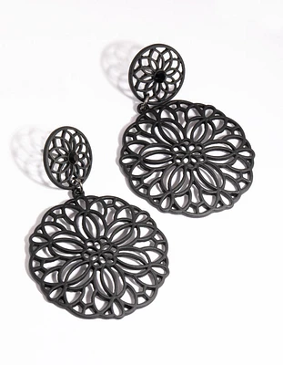 Matte Black Coated Metal Filigree Drop Earrings