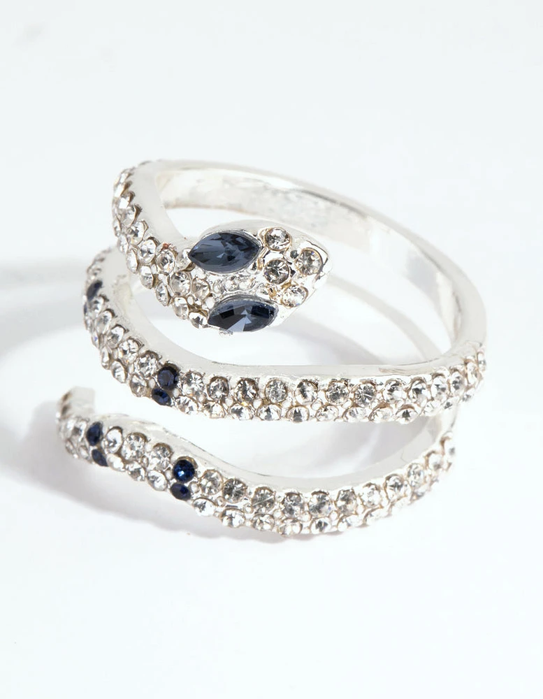 Silver Diamante Blue-Eyed Snake Ring