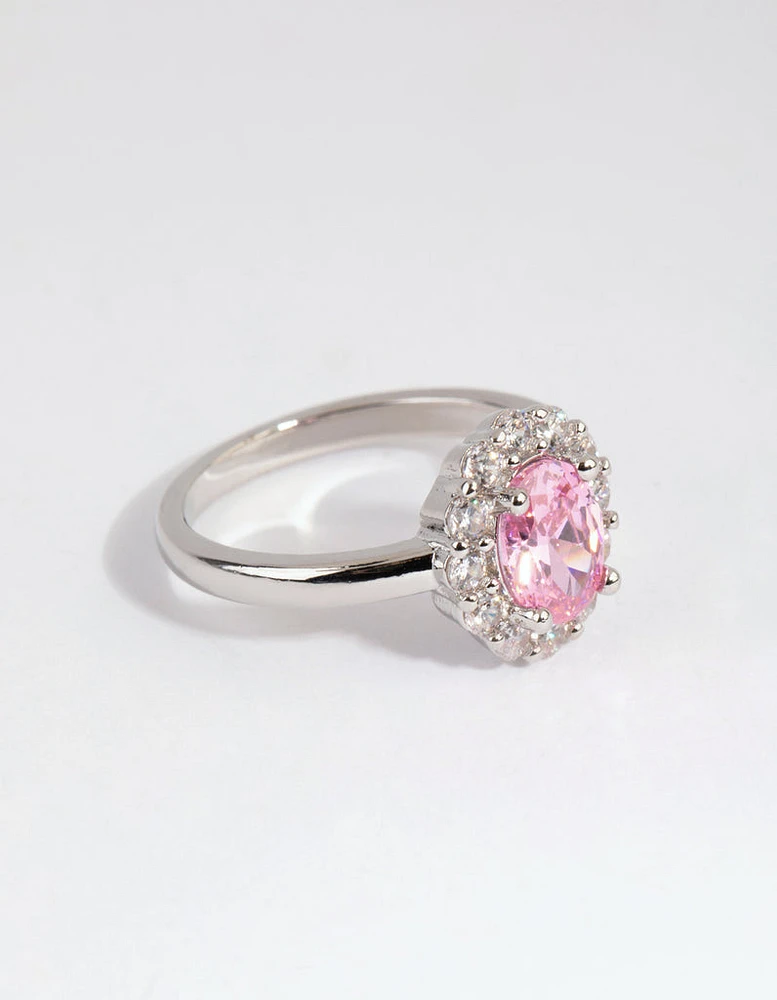 Silver Pink Cubic Zirconia Oval Ring