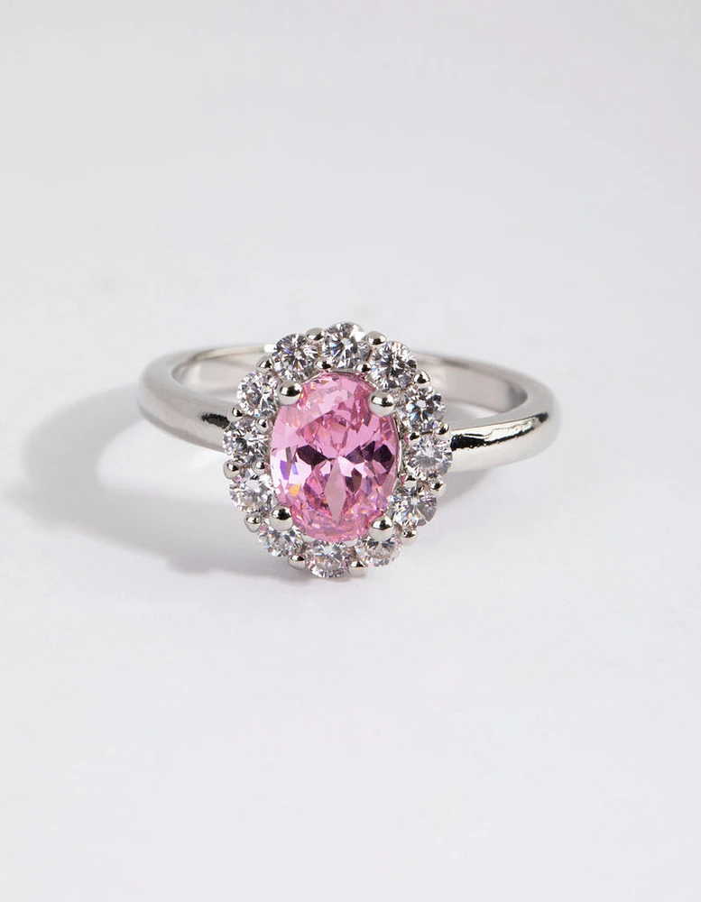 Silver Pink Cubic Zirconia Oval Ring