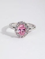 Silver Pink Cubic Zirconia Oval Ring