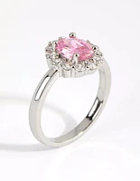 Silver Pink Cubic Zirconia Oval Ring