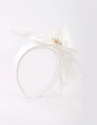 White Bow Pearl & Veil Headband