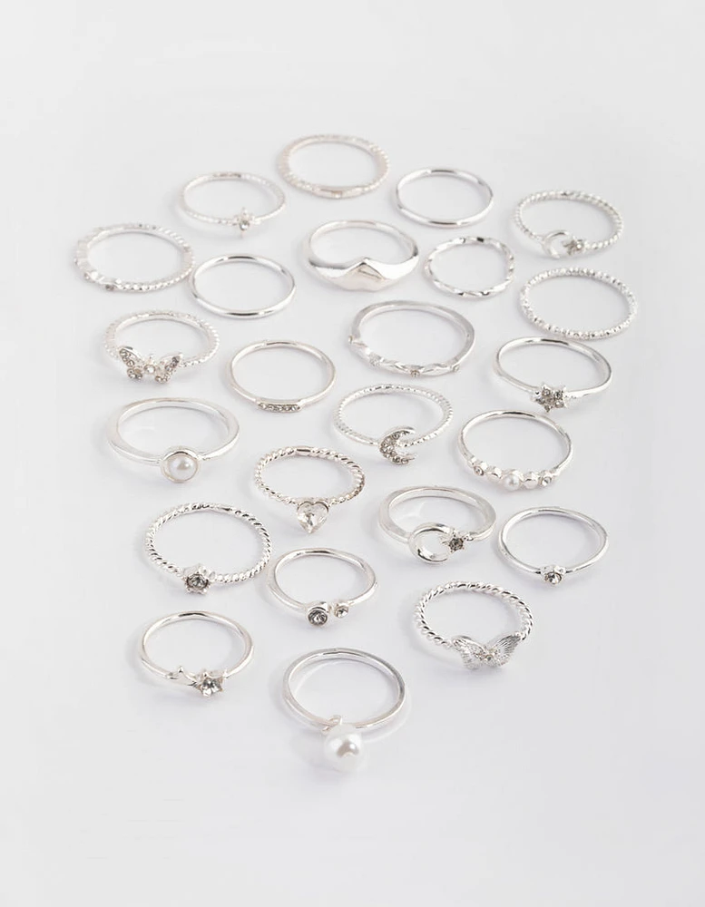 Silver Diamante Butterfly Ring Stack 24-Pack