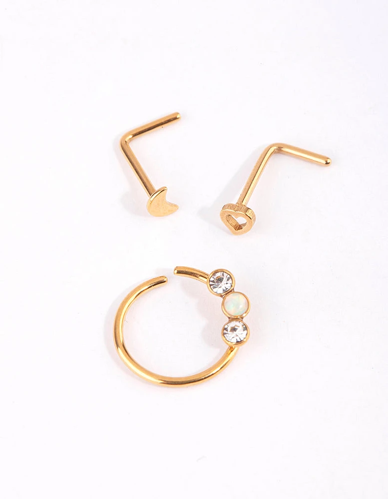 Gold Surgical Steel Heart & Moon Nose Studs