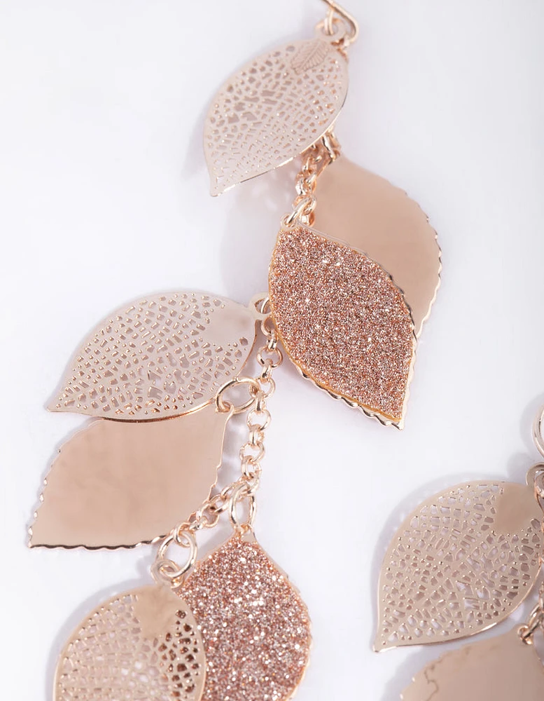 Rose Gold Glitter Leaf Cluster Earrings