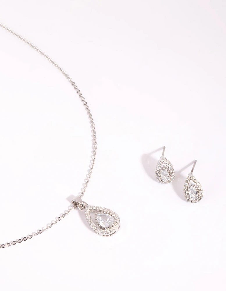 Silver Cubic Zirconia Teardrop Necklace & Earrings Set