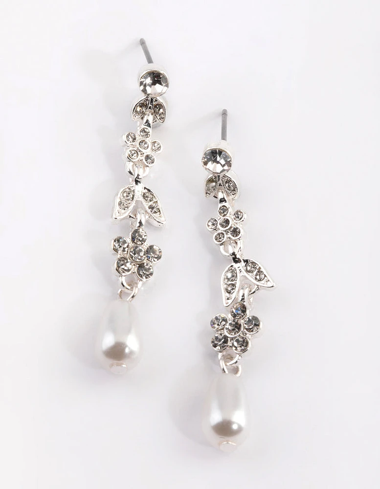 Silver Floral Pearl Drop Earrings