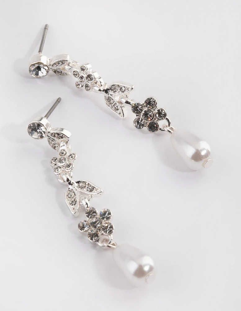 Silver Floral Pearl Drop Earrings