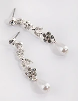 Silver Floral Pearl Drop Earrings