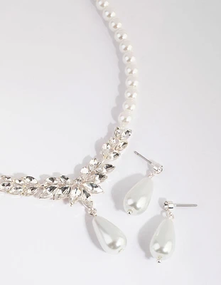 Silver Teardrop Pearl Necklace & Earrings Set