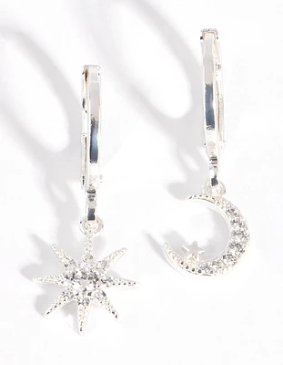 Silver Diamante Mismatched Celestial Huggie Earrings