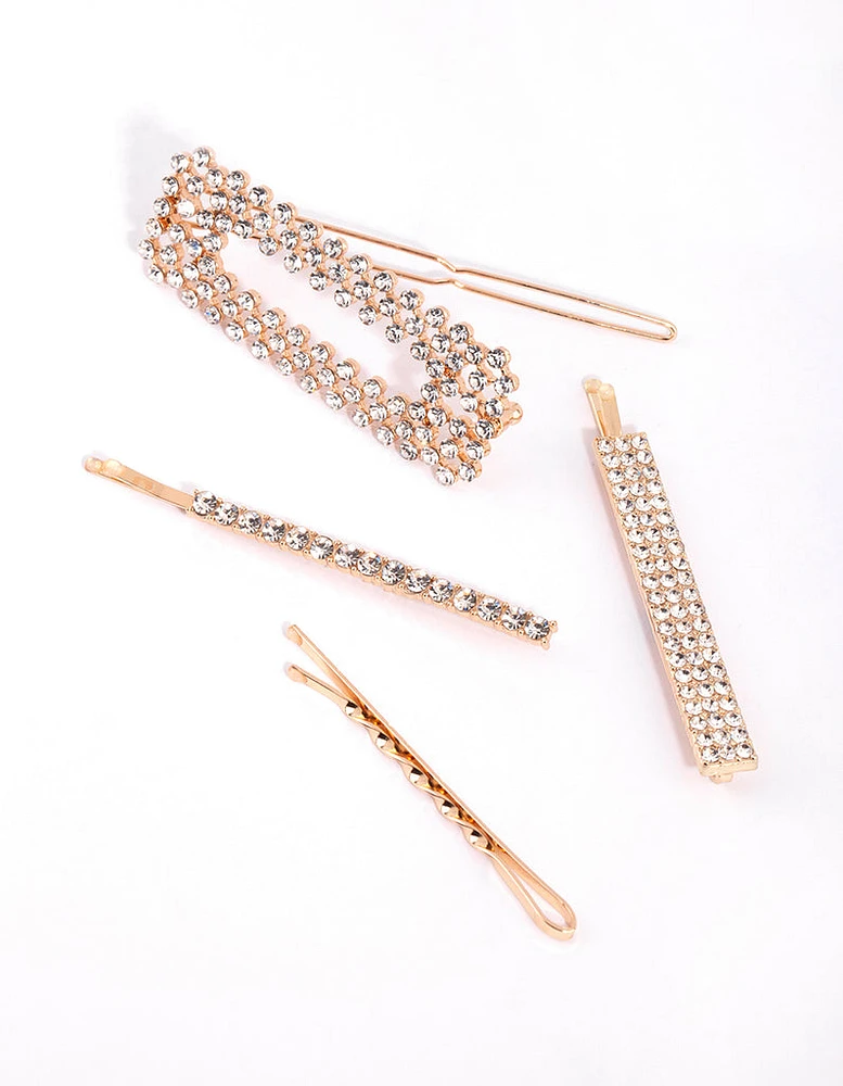 Gold Mixed Diamante Clip 4-Pack