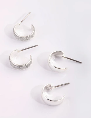 Silver Glitter Huggie Hoop Earring Set