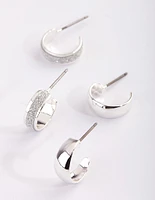 Silver Glitter Huggie Hoop Earring Set