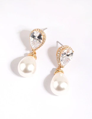 Gold Diamond Simulant Pearl Drop Earrings