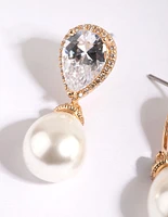 Gold Diamond Simulant Pearl Drop Earrings