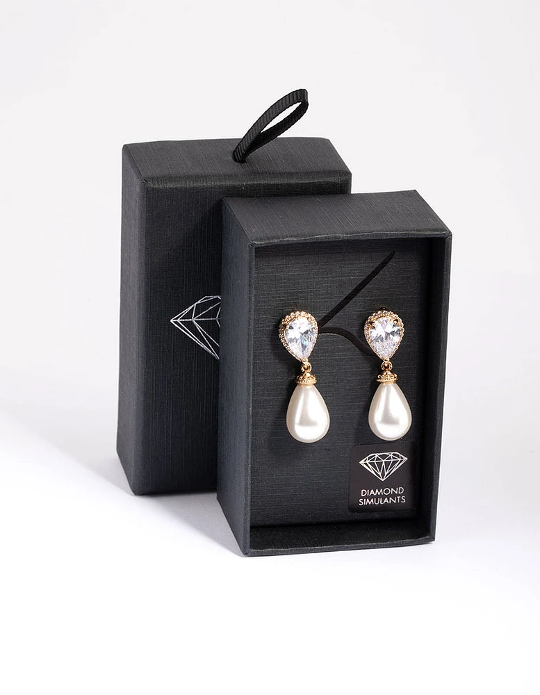 Gold Diamond Simulant Pearl Drop Earrings