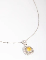 Silver Yellow Diamond Simulant Square Pendant Necklace