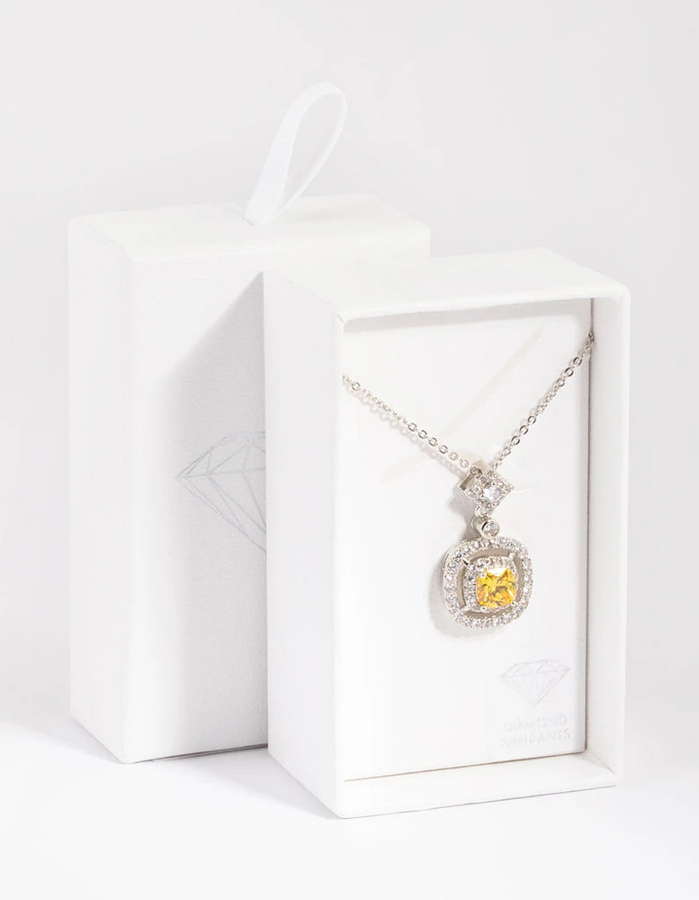 Silver Yellow Diamond Simulant Square Pendant Necklace