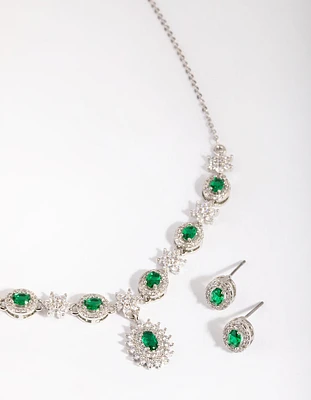 Silver Emerald Diamond Simulant Necklace & Earring Set