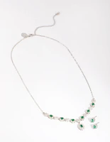 Silver Emerald Diamond Simulant Necklace & Earring Set