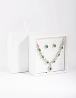 Silver Emerald Diamond Simulant Necklace & Earring Set