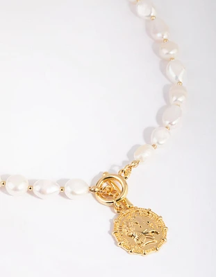 Gold Plated Coin & Fob Necklace with Freshwater Pearl