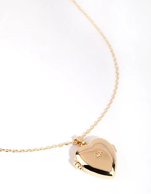 Gold Plated Heart Locket Necklace with Cubic Zirconia