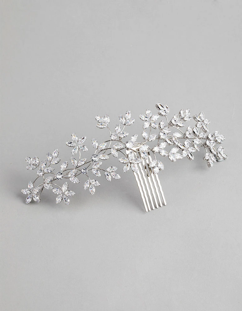Rhodium Cubic Zirconia Flower Garden Comb