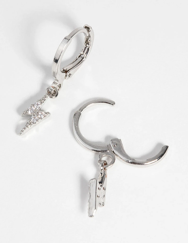 Rhodium Bolt Huggie Hoop Earrings