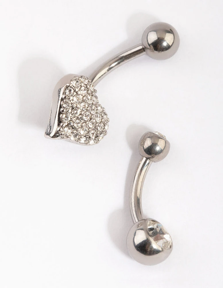 Surgical Steel Heart & Diamante Belly Ring Set