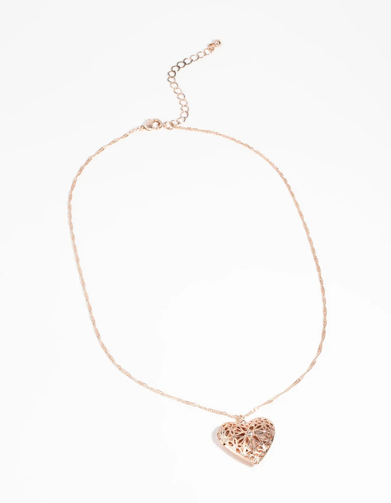 Rose Gold Diamante Heart Locket Necklace