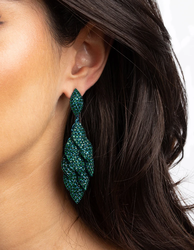 Matte Green Diamante Leaf Earrings