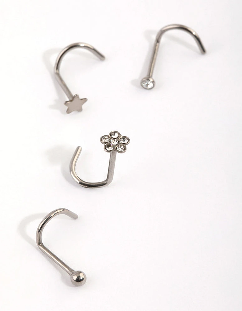 Titanium Star & Flower Nose Stud 4-Pack