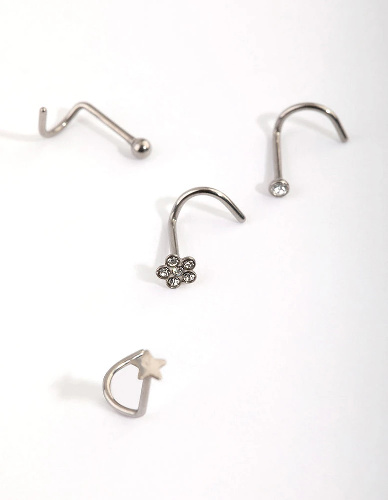 Titanium Star & Flower Nose Stud 4-Pack