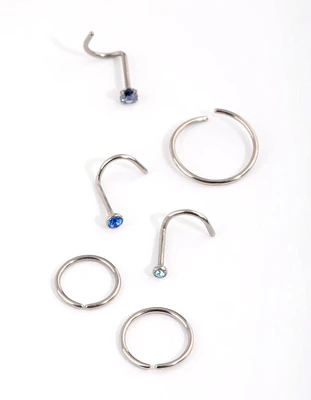 Titanium Diamante Nose Stud & Ring 6-Pack