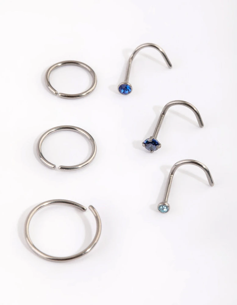 Titanium Diamante Nose Stud & Ring 6-Pack