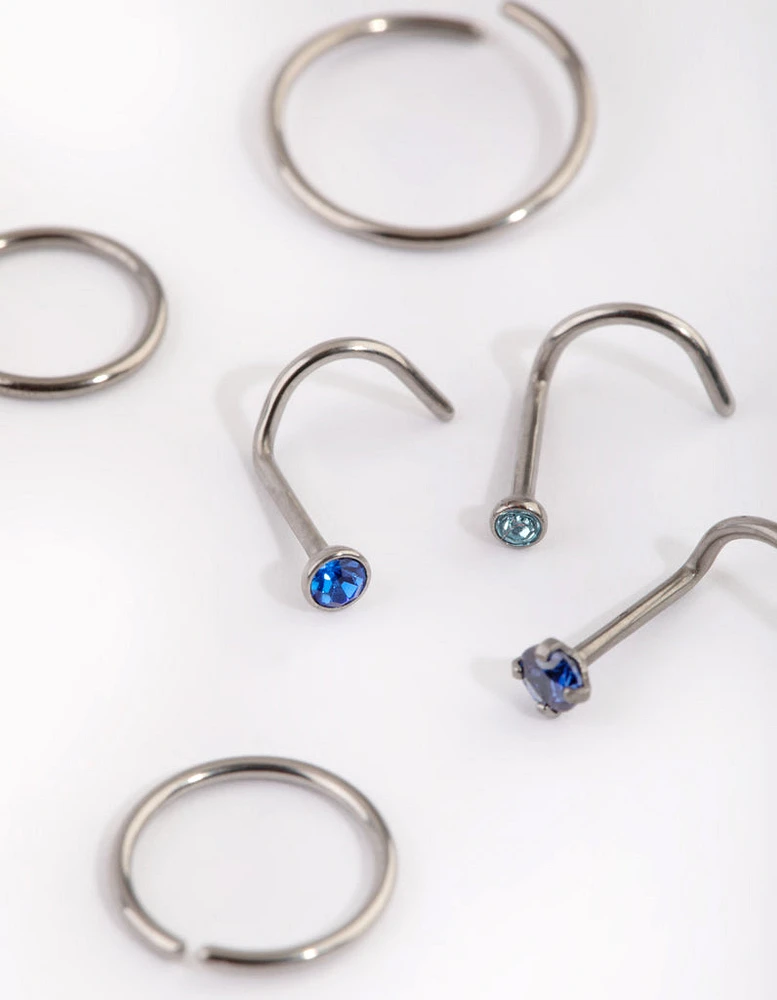 Titanium Diamante Nose Stud & Ring 6-Pack