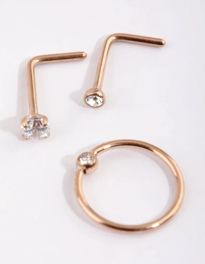 Rose Gold Plated Titanium Diamante Nose Stud Pack