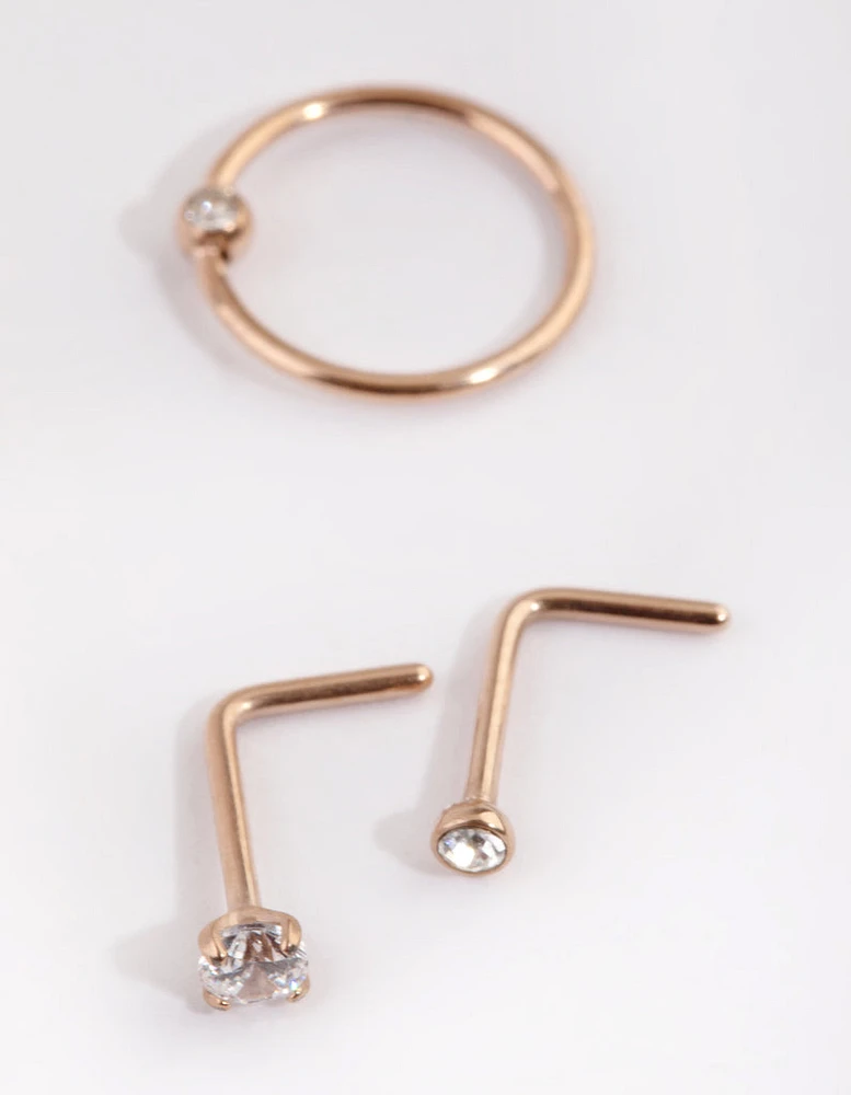 Rose Gold Plated Titanium Diamante Nose Stud Pack