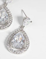 Rhodium Diamond Simulant Halo Teardrop Earrings