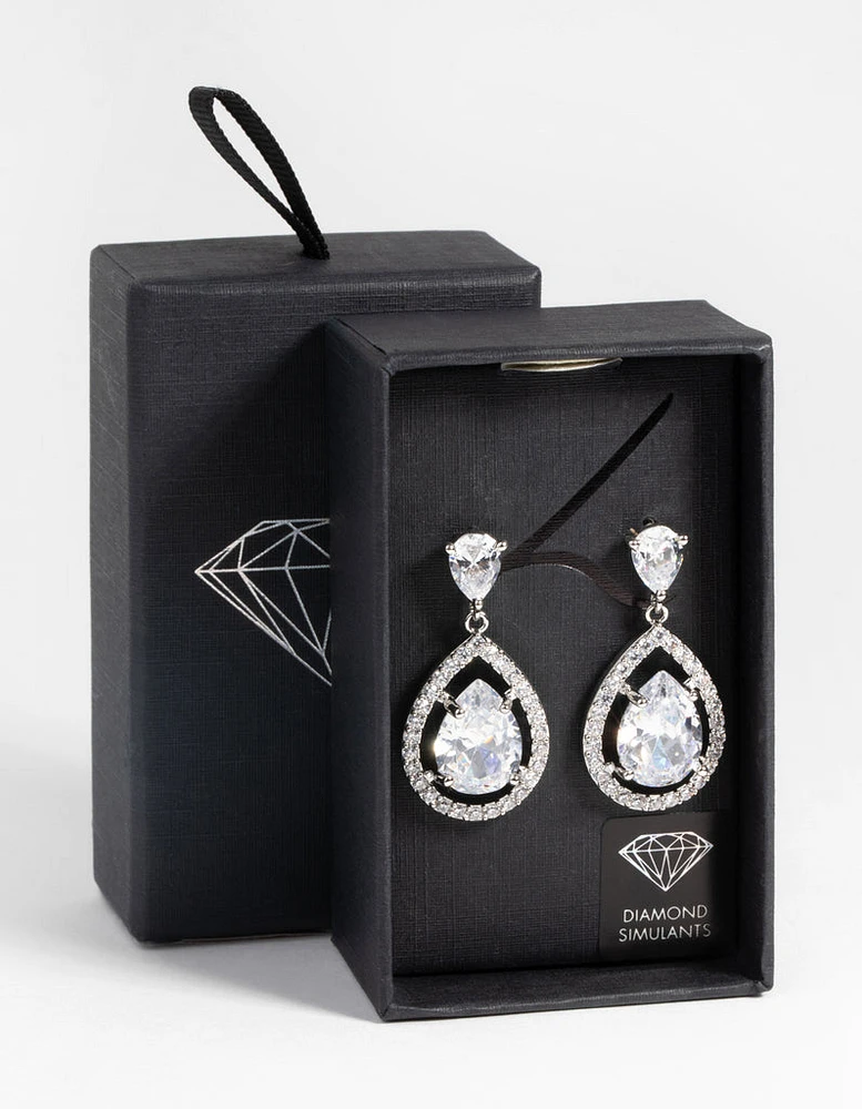 Rhodium Diamond Simulant Halo Teardrop Earrings