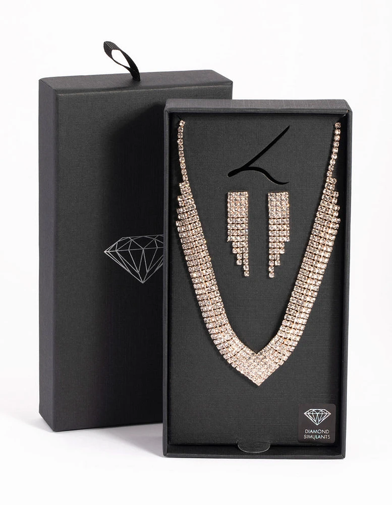 Rose Gold Diamond Simulant Necklace & Earrings Set