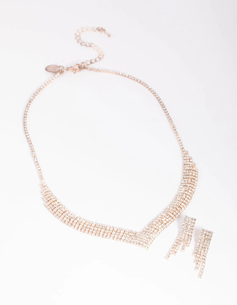 Rose Gold Diamond Simulant Necklace & Earrings Set